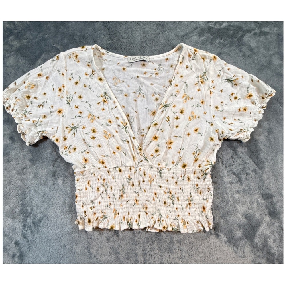 Paper Crane White Yellow Floral Smocked Crop Top V-Neck Puff Sleeve Cottagecore